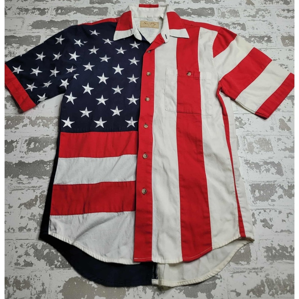 Scully Patriotic Flag‎ Button Down Embroidered Short Sleeve Shirt Men's Small